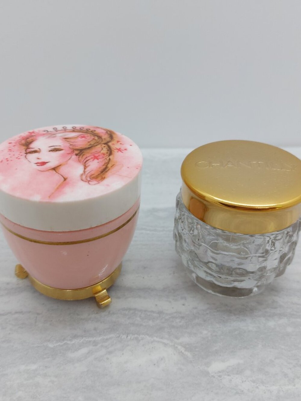 2 Vintage Cream Jars Avon Milk Glass & Chantilly Sachet Cream Jar Vanity Decor